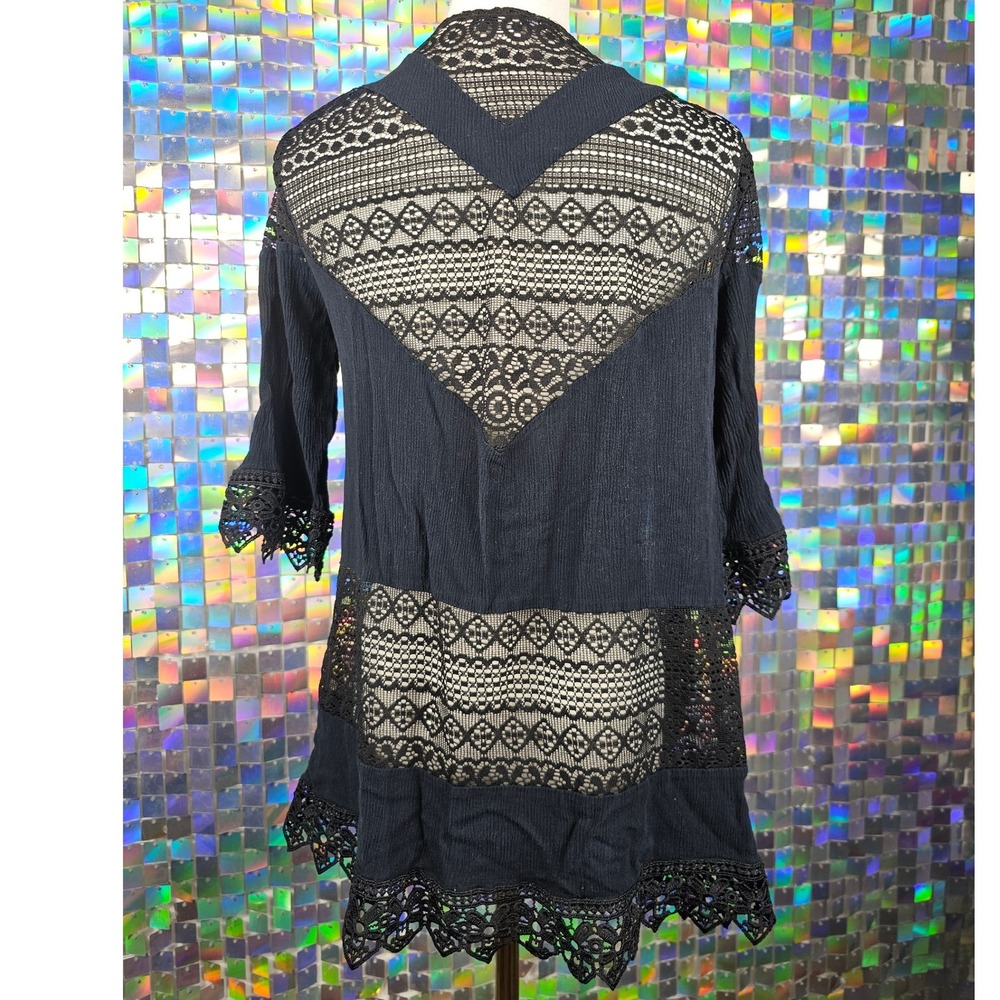 Moral Fiber Black Lace Trim Open Front Cardigan‎ Kimono Duster Women's Small - Picture 6 of 7